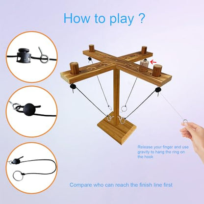 Hook Toss Game, Ring Toss Game, Handmade Wooden Ladder, Throwing Hook and Ring Battle Game for Family, ‎42,6 x 12,7 x 6,1 cm, Brown - style: The pieces are on top.