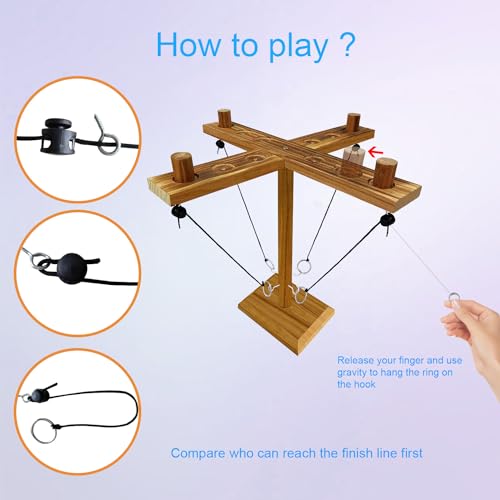Hook Toss Game, Ring Toss Game, Handmade Wooden Ladder, Throwing Hook and Ring Battle Game for Family, ‎42,6 x 12,7 x 6,1 cm, Brown - style: The pieces are on top.