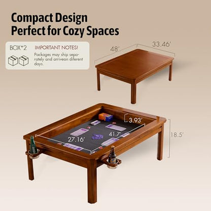 Solid Wood Board Game Coffee Table with Removable Top, 3-in-1 Gaming and Dining Table Includes Play Mat & Detachable Cup Holders, 48" L x 33" W - color: Cherry01