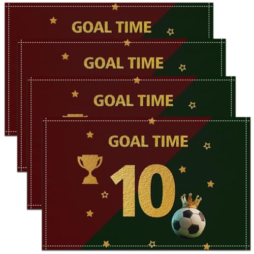 Soccer Match Kids Placemats Set of 4,Number 10 Football Sport Gaming Fans Table Place Mats,Stars Cup Crown Modern Kitchen Decor,Green Red Placemat Kitchen Table Decoration 12"x18" - color: Green Red