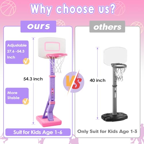 Toddler Basketball Hoop Indoor Outdoor - Height Adjustable 27.6-54 Inches (5 Slots), Kids Basketball Hoop with 4 Inflatable Balls & Pump, Safe Toddler Toys for 1-6 Year Old Boys Girls - color: pink