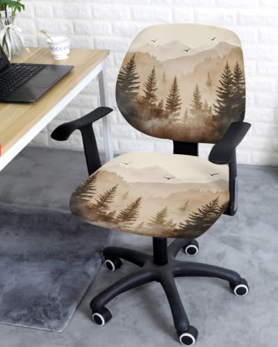 Savannan Office Chair Cover, Foggy Mountain Forest Tree Bird Protective Stretch Elastic Universal Cover for Desk Task Chair,Computer Rotating Chair 1 Pcs Retro Natural Scenic Theme