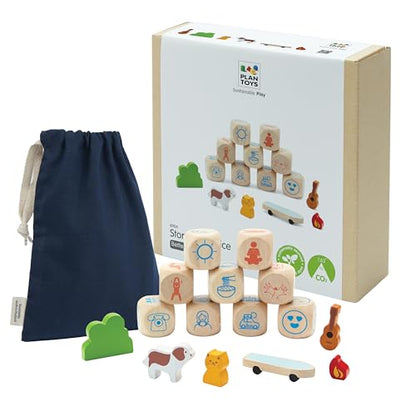 PlanToys® Wooden Storytelling Dice for Montessori Inspired Language and Imagination Play | Creative Story Building and Emotional Expression Activity | Eco Friendly Dice for Open Ended Narratives
