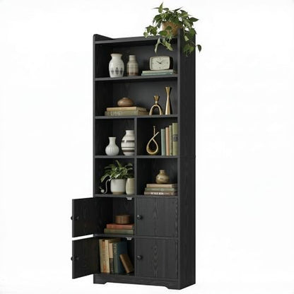 IRONCK Bookshelf with Doors, Book Shelf with Storage Shelves, 74.6 in Tall Bookcase for Home Office, Living Room, Bedroom, Black - color: Black