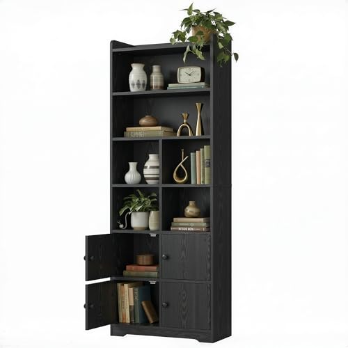 IRONCK Bookshelf with Doors, Book Shelf with Storage Shelves, 74.6 in Tall Bookcase for Home Office, Living Room, Bedroom, Black - color: Black