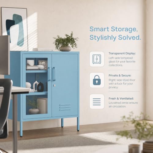 Lockable Metal Storage Cabinet Locker Adjustable Shelves, Multifunctional Versatile Storage Lockers, Easy Assembly Durable Metal Sideboard Furniture for Bedroom Home Office Blue - color: Blue, style: 33"H-Locker-BT