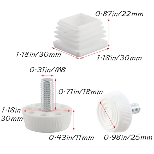 Antrader Home Office Table Desk Adjustable Leveling Feet,Plastic Metal Square Tube Insert Kit, 30mm x 30mm White, M8 Thread 30mm Base Diameter, 12 Sets - color: White,d30xm8, size: 30x30mm