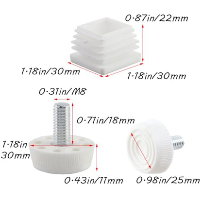 Antrader Home Office Table Desk Adjustable Leveling Feet,Plastic Metal Square Tube Insert Kit, 30mm x 30mm White, M8 Thread 30mm Base Diameter, 12 Sets - color: White,d30xm8, size: 30x30mm