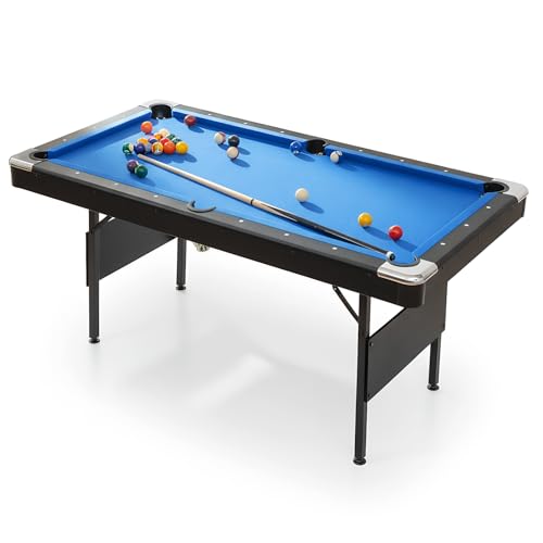 6 ft Foldable Pool Table with Steel Frame, Stable Billiard Tables with Safety Anti Collapse Locks, Heavy Duty Billiard Game Includes Full Set of Balls, 2 Cue Sticks, Chalk and Felt Brush