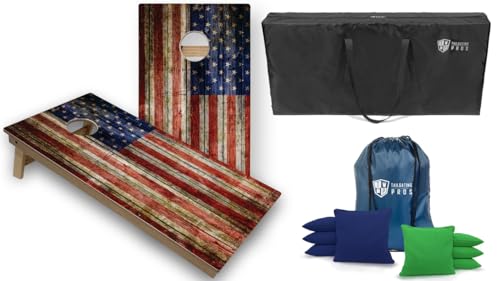 Tournament Grade Tailgating Pros American Flag Wooden Plank Design Cornhole Board Set w/Bean Bags and Carrying Case - 4'x2' Corn Hole Toss Game w/Built in Lights - color: Royal / Kelly