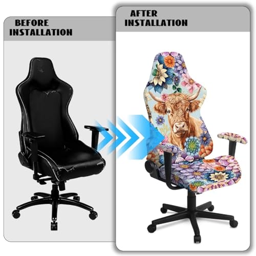 Highland Cattle Print Gaming Chair Covers Slipcovers with Armrest Covers Boho Mandala Flower Print Office Desk Chair Cover Scratch Proof Anti-Dust Universal Fit - color: Multi - Highland Cattle Boho Mandala Flower