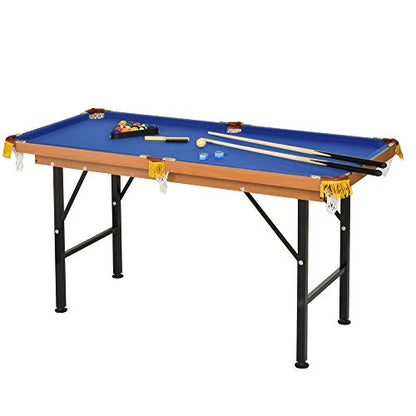 Folding Pool Table with Accessories, 55x24.75x29.5 Inches, Blue Felt Top, Includes 2 Cues, 16 Balls, Chalk, Triangle Rack, 6 Mesh Bags, Compact Billiard Game Table for Kids and Adults