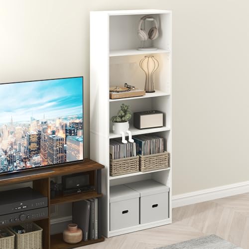 Furinno GEHRY DVD Shelf, 5-Tier CD Rack, Media Shelf with Adjustable Shelves, DVD Storage Cabinets for CD Blueray Game Disc, Easy Assembly, for Living Room, Home Office, White - color: White, size: 5-Tier