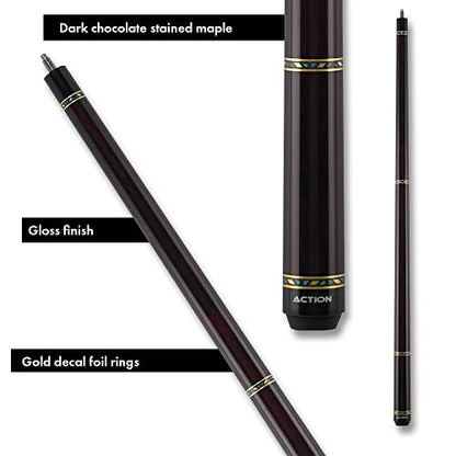 Action VAL24 Value Series Pool Cue - 58" Cue - Hard Maple Shaft with 13mm Boar Skin Tip - Dark Chocolate with Silver Rings - size: 21oz