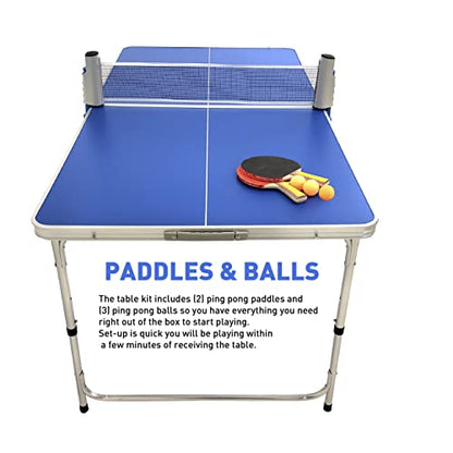 Ping Pong Table Tennis – Small Mini Kids - Space Saving & Easy Storage – Includes (2) Regulation Paddles (3-4) Balls and (1) Net. No Assembly Required Start Playing Immediately