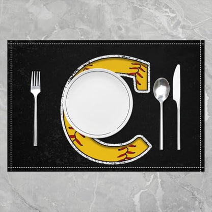 Erosebridal Initial C Letter Placemats 12x18 inch Set of 4 Baseball Pattern Place Mats | Monogrammed Table Place Mats Softball Accessories Yellow Black Oil Proof Washable Placemats - color: Yellow C