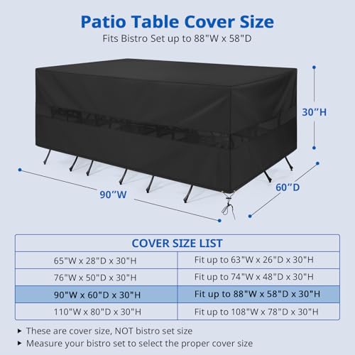 SunPatio Patio Furniture Covers Waterproof, Rectangular Table and Chairs Set Cover, Outdoor Furniture Set Cover with Drawstrings and Taped Seams, All Weather Protection, 90"W x 60"D x 30"H, Black - size: 90"W x 60"D x 30"H