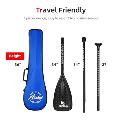 Abahub 1 x 3 Section Carbon Fiber SUP Paddle, Adjustable 67''-86'' Stand Up Paddle Lightweight Carbon Shaft, Black/Blue/Yellow/Green/Orange/Red Plastic Blade + Paddle Bag - color: Carbon Square Print