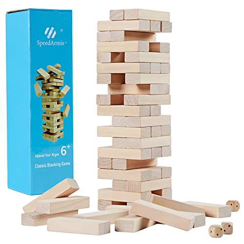 SpeedArmis Mini Tumble Tower, 54PCS Wooden Stacking Game for Teens - Pine Stack Timber Board Games with 4 Dice Set - Classic ‌Xmas Gifts for Teens - size: Stack To Over 1.5FT