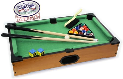 Matty's Toy Stop Deluxe 20" Wooden Table Top Pool Table – Complete Set with 15 Balls, 2 Cues, Chalk, Racking Triangle & Brush – Fun for Ages 6+ – Perfect for Family Game Nights