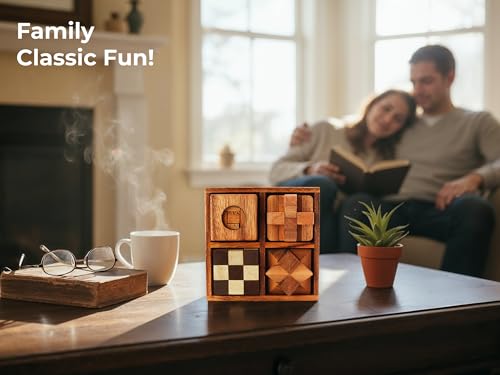 BSIRI 4 in 1 Wooden Brain Teaser Puzzles for Adults - Challenging 3D Desk Wood Puzzles Set Interlocking Hand Games for Mind Toys Suits for Rustic Patio Decor Unique Gift Office Decoration - style: 4 Puzzle Set