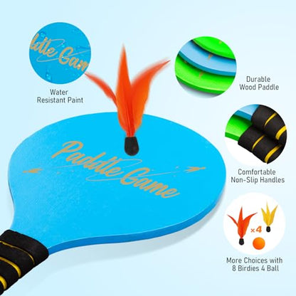 TEILLNET Paddle Ball Set, Outdoor Games for Adults and Family, Badminton Sets for Backyards Yard Game with 4 Rackets 4 Balls 8 Birdies, Beach Toys Pool Lawn Outside Park Camping Family Games Gifts - color: Beach Paddle Ball Set