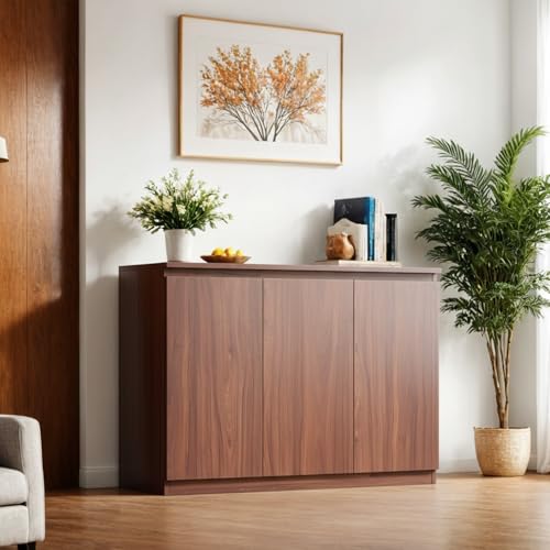 holzart 43" Walnut Brown Buffet Cabinet Sideboard with Storage - Modern 3-Door Wood Grain Kitchen Cupboard & Coffee Bar Station for Dining Room, Living Room - Adjustable Shelf, 43.3" W x 31.5" H - color: Brown