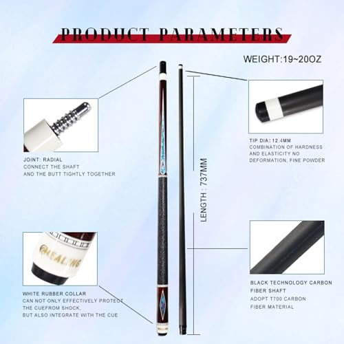Carbon Fiber Pool Cue – 12.9mm, 14mm and 12.4mm, 2-Piece Billiard Cue Stick for Women/Men, Professional Break Cue for Snooker, 8-Ball, 9-Ball, Home & Club Use - color: Red