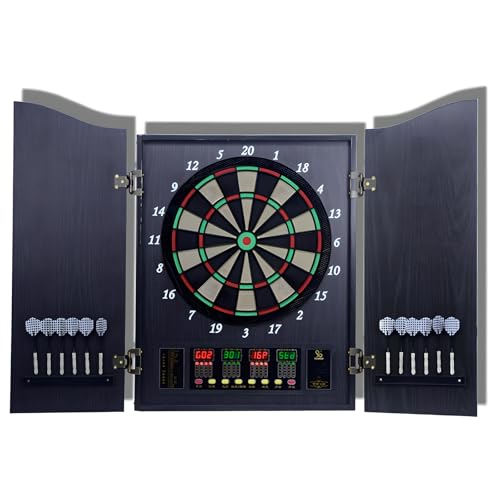 Electronic Dart Board Cabinet Set with Double Wood Door, 4 Led Digital Display Automatic Scoring, 27 Games, Includes 12 Darts & 88 Soft Tips for Home Bar - color: #2