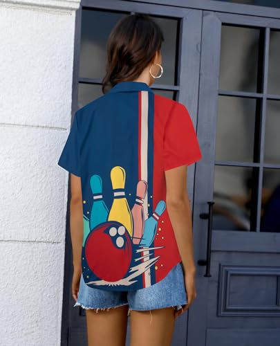 Bowling Shirts Women Hawaiian Bowling Shirt Bowling Lover Gift Tops Bowler Button Down Short Sleeve Tee - color: Blue-1, size: Small