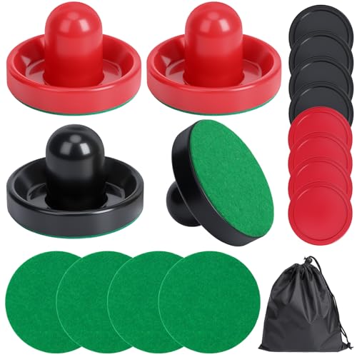 Coopay Air Hockey Paddles and Pucks, Air Hockey Pushers with Nylon Storage Bag, Goal Handles Paddles Replacement Accessories for Game Tables(4 Pushers 96mm with Pads, 8 Pucks 64mm) - color: Red, Black