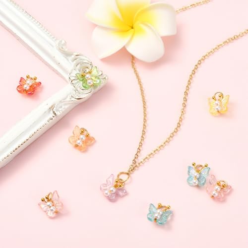 Stiesy Transparent Acrylic Butterfly Charms with ABS Pearl 50Pcs, Mixed Color 3D Insect Dangle Charms Pendants for Jewelry Making, DIY Craft Projects and Present Supplies - color: Butterfly-50pcs