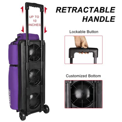 LARIPOP 3 Ball Bowling Bag with Wheels and Shoe Compartment, Rolling Bowling Bag for 3 Balls, Heavy Duty Bowling Roller Bag with Retractable Handle for Men Women - color: Purple