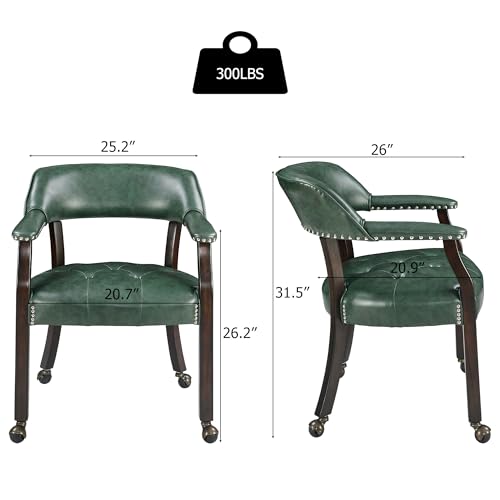 Set of 4 Dining Leather Chairs with Casters and Arms, Accent Kitchen Table Chairs with Wheels, Wood Captains Rolling Roller Poker Table Chair, Espresso&Green 1910GN(NO Table!) - color: Espresso&green