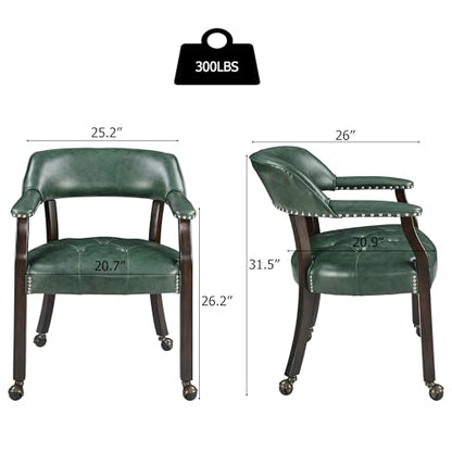 Set of 4 Dining Leather Chairs with Casters and Arms, Accent Kitchen Table Chairs with Wheels, Wood Captains Rolling Roller Poker Table Chair, Espresso&Green 1910GN(NO Table!) - color: Espresso&green