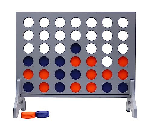Giant 4 in a Row Game for Family & Adults – Tailgating Pros Jumbo Grey Wooden Four in a Row Indoor & Outdoor Yard Game for Family Party Fun, Portable Activities for Patio, Backyard, and Camping - color: Blue / Orange