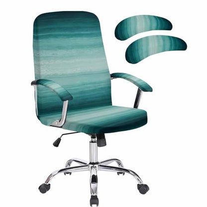 Turquoise Green Office Chair Cover with Armrest Covers, Gradient Marble Ocean Abstract Striped Universal Stretch Desk Rotating Chair Slipcovers, Removable Seat Protector with Zipper, S - color: Blue Green, size: Small & 2PCS Armrest Covers