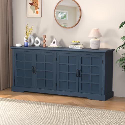 Bigbiglife 70.2" Wood Buffet Cabinet, Farmhouse Buffet Sideboard Cabinet with 4 Doors and Adjustable Shelves, Coffee Bar Wine Bar Storage Cabinet for Kitchen, Living Room, Blue - color: Blue