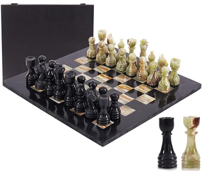 Marble Chess Set 15" Inches Black and Green with Storage Box and 2 Extra Queen Handmade Luxury Board Games for Adults, Ideal Marble Chess Board Game Set & Chess Pieces - color: Black & Green Onyx