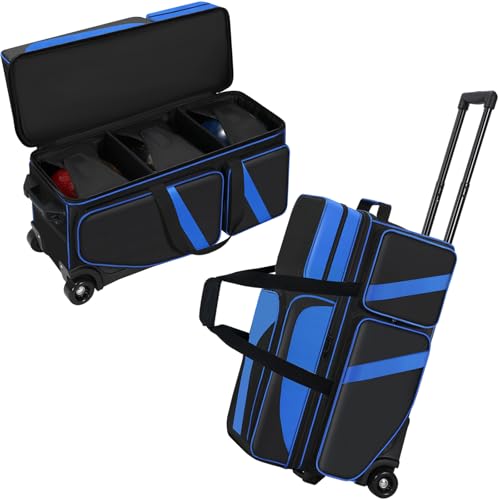 3 Ball Bowling Roller Bag with Smooth Wheels & Shoe Compartment, Heavy Duty 3 Ball Bowling Bag with Retractable Handle, Large Capacity Bowling Bag with Multi-pockets for Tournament, Travel, League - color: Blue