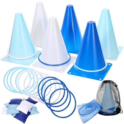 37 Pcs 3 in 1 Carnival Ring Toss Game Set Soft Plastic Cones Bean Bags Ring Toss Game with Mesh Bag for Baby Shower Birthday Carnival Classroom Indoor Outdoor Yard Supplies