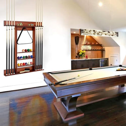 SUPERDIAMOND 8 Pool Stick Holder, Wall Mount Pool Cue Rack for Pool Table Accessories, Made of 100% Solid Wood Billiard Cue Holder Wall Mounted Display Stand for Game Room (Holds 8 Cues &Brown) - size: 8 Cues, style: SU-wa-8 Cue Racks-brown