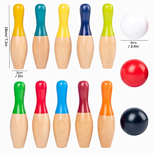 Wooden Bowling Game, Garden Game Set with 10 Pins 3 Balls and Mesh Bag for Adults, Indoor Outdoor Lawn Backyard Activity