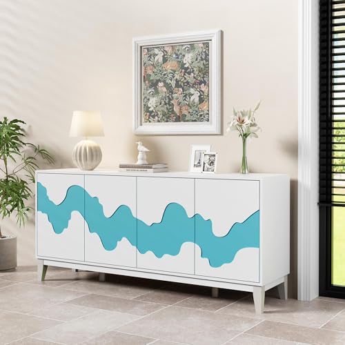 UEV Sideboard Buffet Cabinet with Storage, 63" Modern Sideboard with Brown Water Stream Pattern, Kitchen Storage Cabinet with Doors and Shelf, Credenza for Dinning Room, Living Room (White and Blue) - color: White and Blue