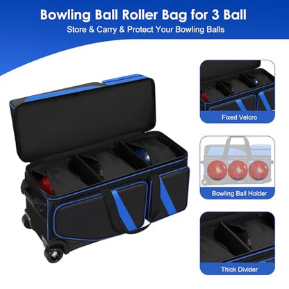 3 Ball Bowling Roller Bag with Smooth Wheels & Shoe Compartment, Heavy Duty 3 Ball Bowling Bag with Retractable Handle, Large Capacity Bowling Bag with Multi-pockets for Tournament, Travel, League - color: Blue