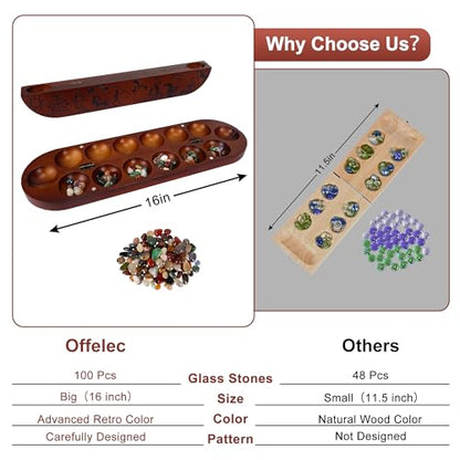 Offelec Wooden Mancala Board Game Set, Large 15.8 Inch Folding Board with 100 Multi Color Stones, 2-Player Classic Family Strategy Game for Kids & Adults, Portable Travel Mancala with Instructions - color: Upgraded Large Mancala Board
