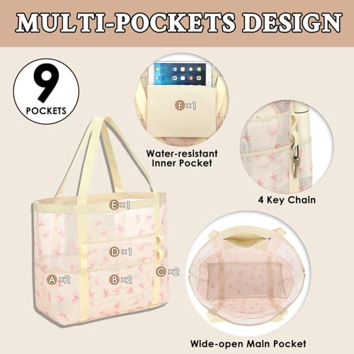 GYEUKHAM Mesh Beach Bag for Women, Sand-Resistant Pool Tote, 9 Pockets (1 Inner Zip), Foldable Family Travel Essentials - color: L-pink Butterfly