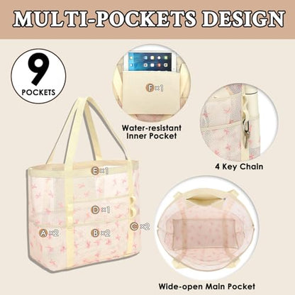GYEUKHAM Mesh Beach Bag for Women, Sand-Resistant Pool Tote, 9 Pockets (1 Inner Zip), Foldable Family Travel Essentials - color: L-pink Butterfly