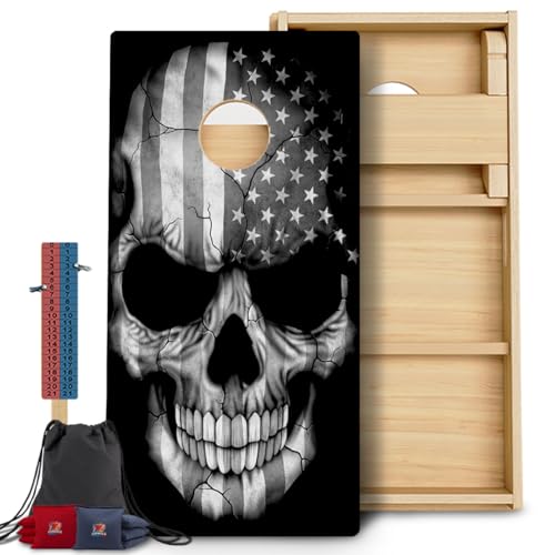 CornholeGamesUSA Pro Cornhole Boards Set | Made in USA | 3/4 Baltic Birch | No Bounce | Triple Thick Legs | Two Brace & Handles, Tournament 2x4 Regulation Set with Score Tower & Cornhole Bags - color: Grey Skull
