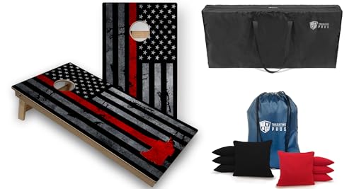 Tailgating Pros Tournament Grade American Themed Cornhole Board Set w/Built-in Multicolored Lights, Bean Bags, and Carrying Case - 4'x2' Cornhole Toss - color: Fireman's Flag